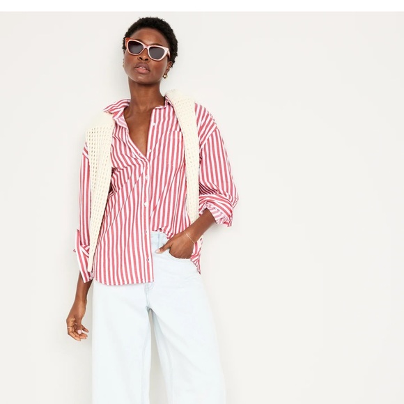 NWT OLD NAVY Oversized Button-Down BOYFRIEND Shirt Burgundy Stripe - Picture 3 of 9